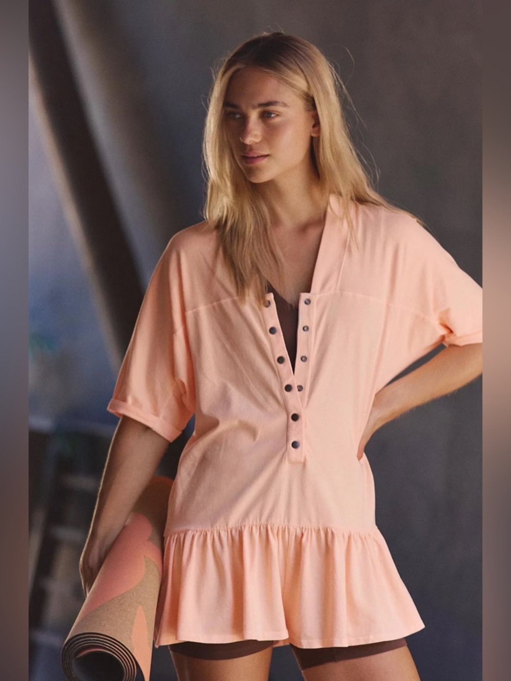 953. FREE PEOPLE Hot Shot Henley Romper In Pastel Peach Sz XS NWOT $90
